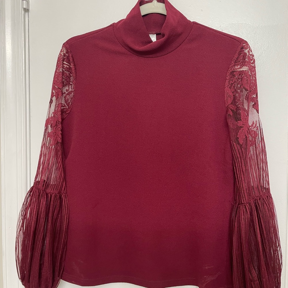 High Neck Lace Lantern Long Sleeve Top Blouse- Burgundy
